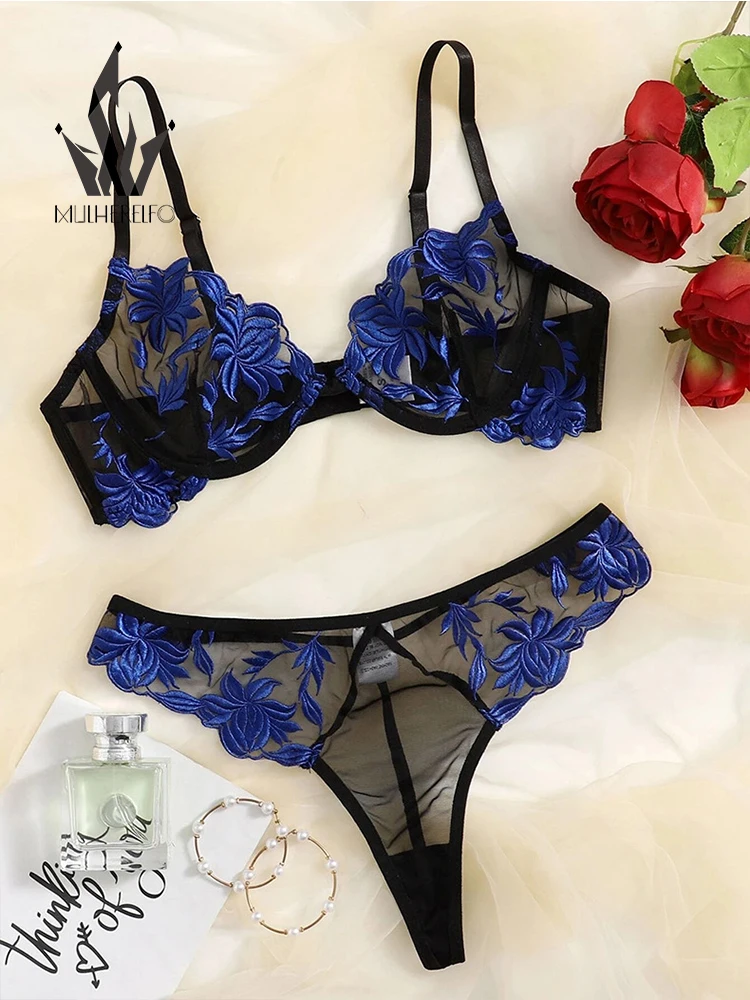 Mulherelfo Sensual Floral Lingerie Sets Women Underwear Sexy Embroidery Transparent Bra and Brief Set Exotic Bralette Outfits