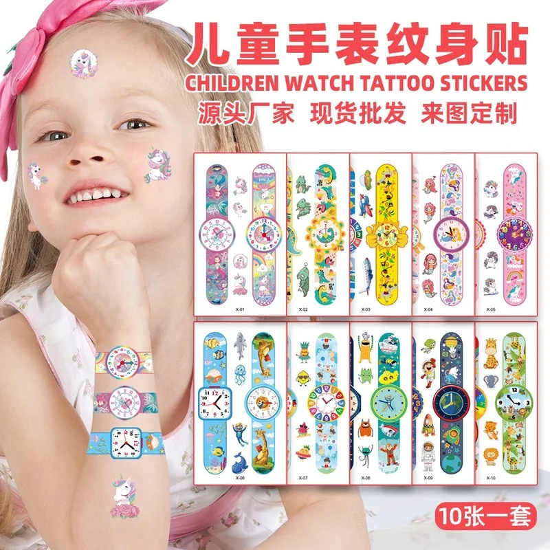 

10 trend spot new children's cartoon watch tattoo stickers boys and girls cute unicorn animal dinosaur temporary stickers around