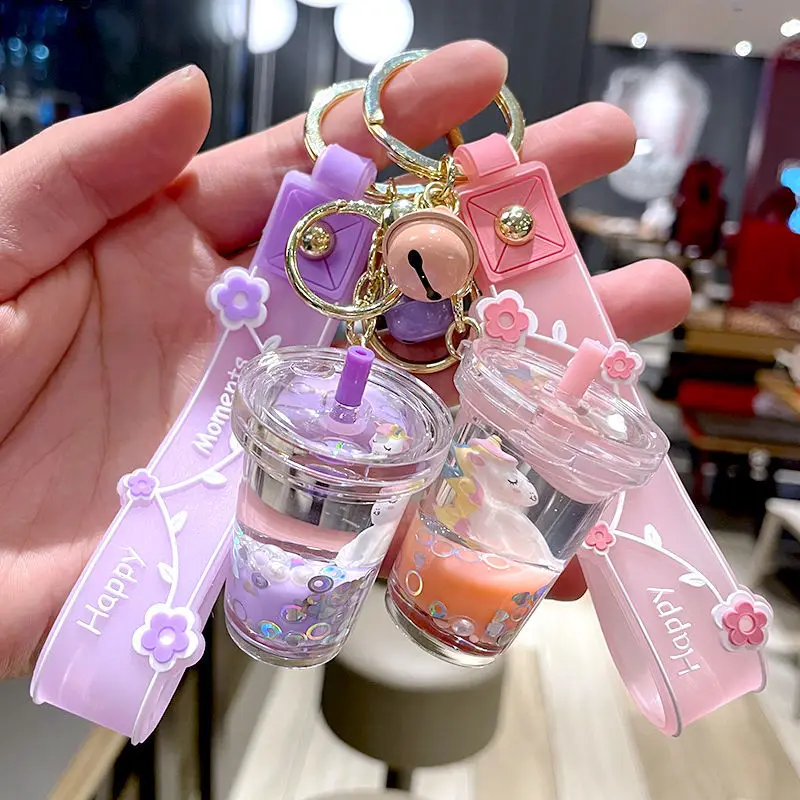 

Cute crystal unicorn milk tea animal cup keychain female exquisite quicksand bag pendant jewelry couple creative gift