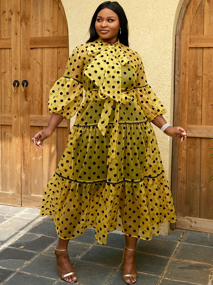 Элегантное женское длинное тюлевое свободное платье в горошек с бантом и пышными