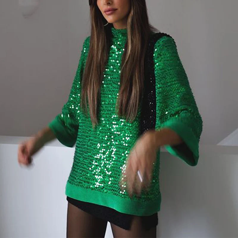 

Women's Black Sequins Blouse 2022 Glitter Stand Collar Long Sleeve Loose Blouses Spring Summer Sparkly Party Top Female Tops