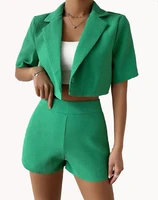 2022 new women blazer sets elegant waffle knit lapel collar crop blazer shorts set short sleeve tops short 2pcs femael suit