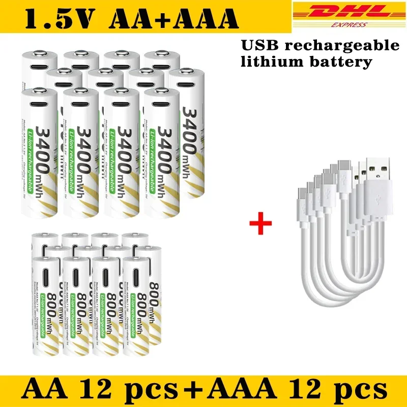 Фото Набор литиевых аккумуляторов 1,5 В AA 3400 мВтч + AAA 800 мВтч с кабелем USB-C для быстрой зарядки типа C для авиатранспорта №1
