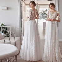 2022 lace appliques o neck vintage civil bridal gown a line half sleeve floor length wedding dresses with button back tulle