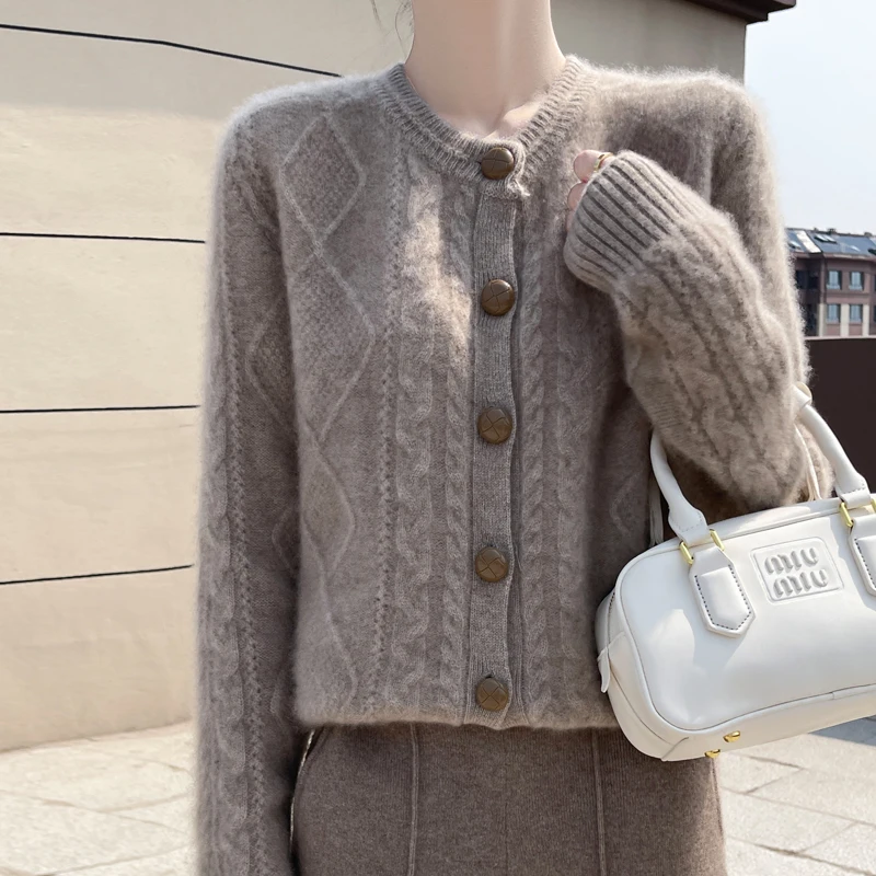 Женский теплый кашемировый свитер кардиган из 100% мериносовой шерсти с круглым