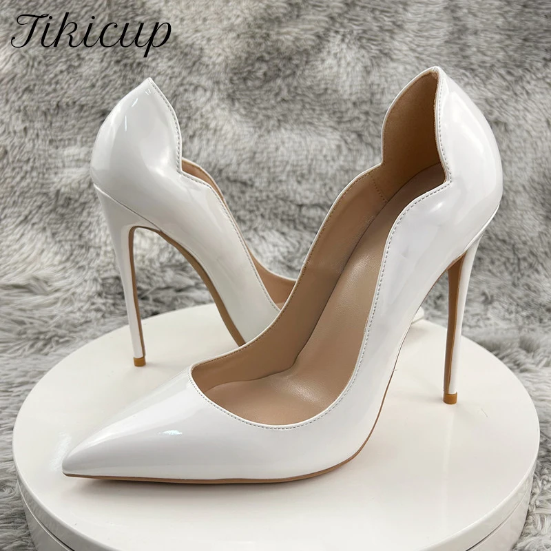 

Tikicup Curl Cut Women Pointy Toe Slip On High Heel Shoes Glossy Solid White Basic Formal Dress Stiletto Pumps for Wedding Party