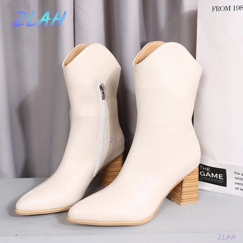 

Autumn and Winter Pointed Knight Boots New High Heels Thick Heel Western Cowboy Leather Boots Women's Side Zipper Boots