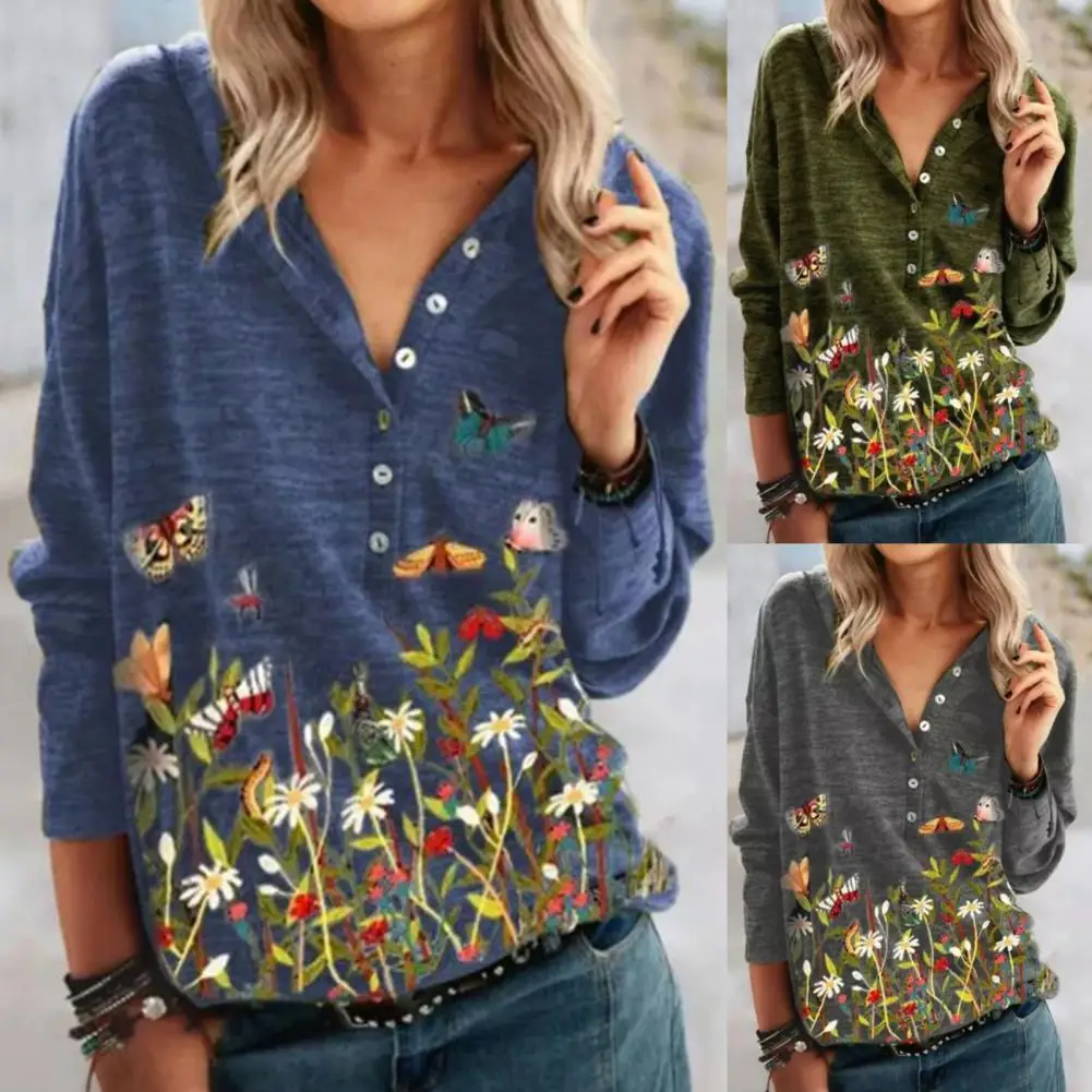 

Hoodie blouse women 2022 Butterfly Floral Print V Neck Cotton Blend Long Sleeve Buttons Sweatshirt Hoodie Women's Clothing