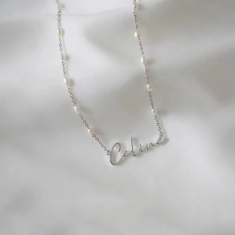 High-quality Unique Name Pendant Necklace Gold Silver-color Stainless Steel Chain Oval Pearl Splicing Collar Birthday Gift