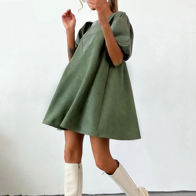 

Платье-мини женское Плиссированное с круглым вырезом, короткий простой сарафан в стиле пэчворк, повседневное свободное однотонное платье с широким подолом, лето