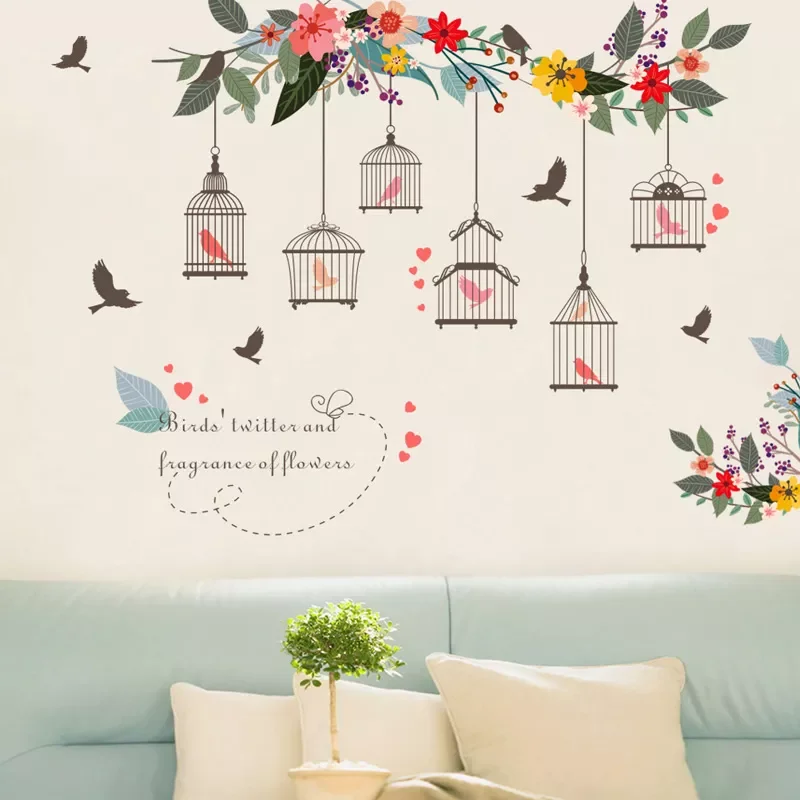 

NEW2022 Flower vine bird cage Wall Sticker Living room bedroom Sofa background decorations wallpaper Mural Removable stickers