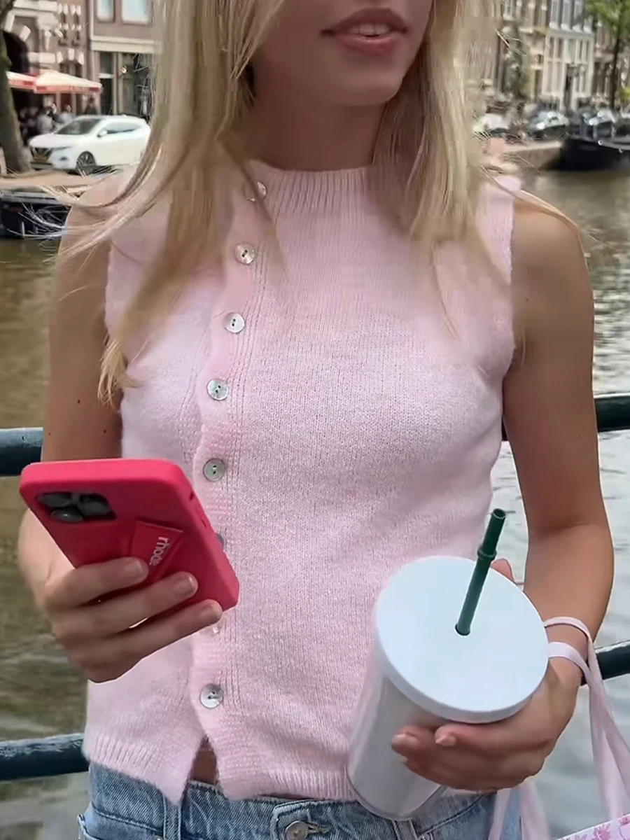 Women s Summer Knit Tank Tops Solid Color Sleeveless Round Neck Front Button Sweater Vest Streetwear