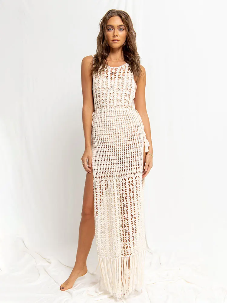 

2023 White Crochet Tunic Bikini Cover-ups Sexy Hollow Out Fringed Mesh Dress Women Summer Beach Wear Swim Suit Cover Up A1289