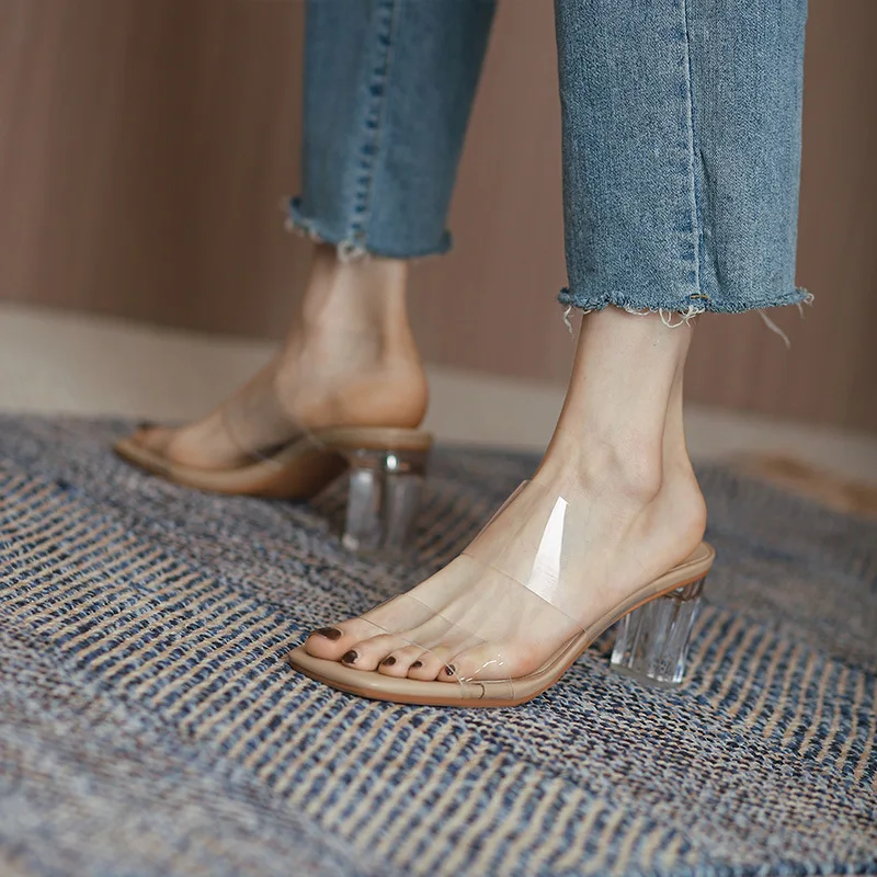 

2022 New Clear Heels Slippers Women Sandals Summer Shoes Woman Transparent High Pumps Wedding Jelly Sexy Square Heels