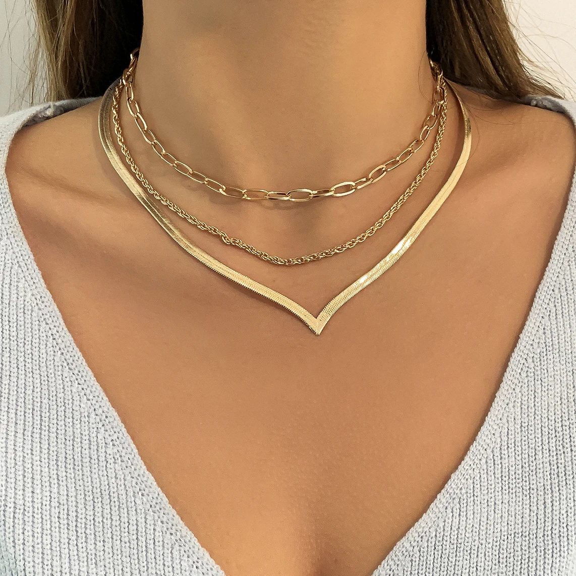 

Ingemark 3Pcs Vintage Copper Flat Snake Chain Necklace for Women V-Shaped Short Choker Clavicle Link Collares Aesthetic Jewelry