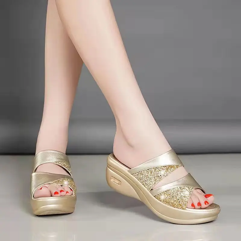 Woman Summer Sandals Gold Open Toe Sandal Dress Shoes Womens High Heels Sandals Platform Wedges Heeled Pumps Ladies Shoes