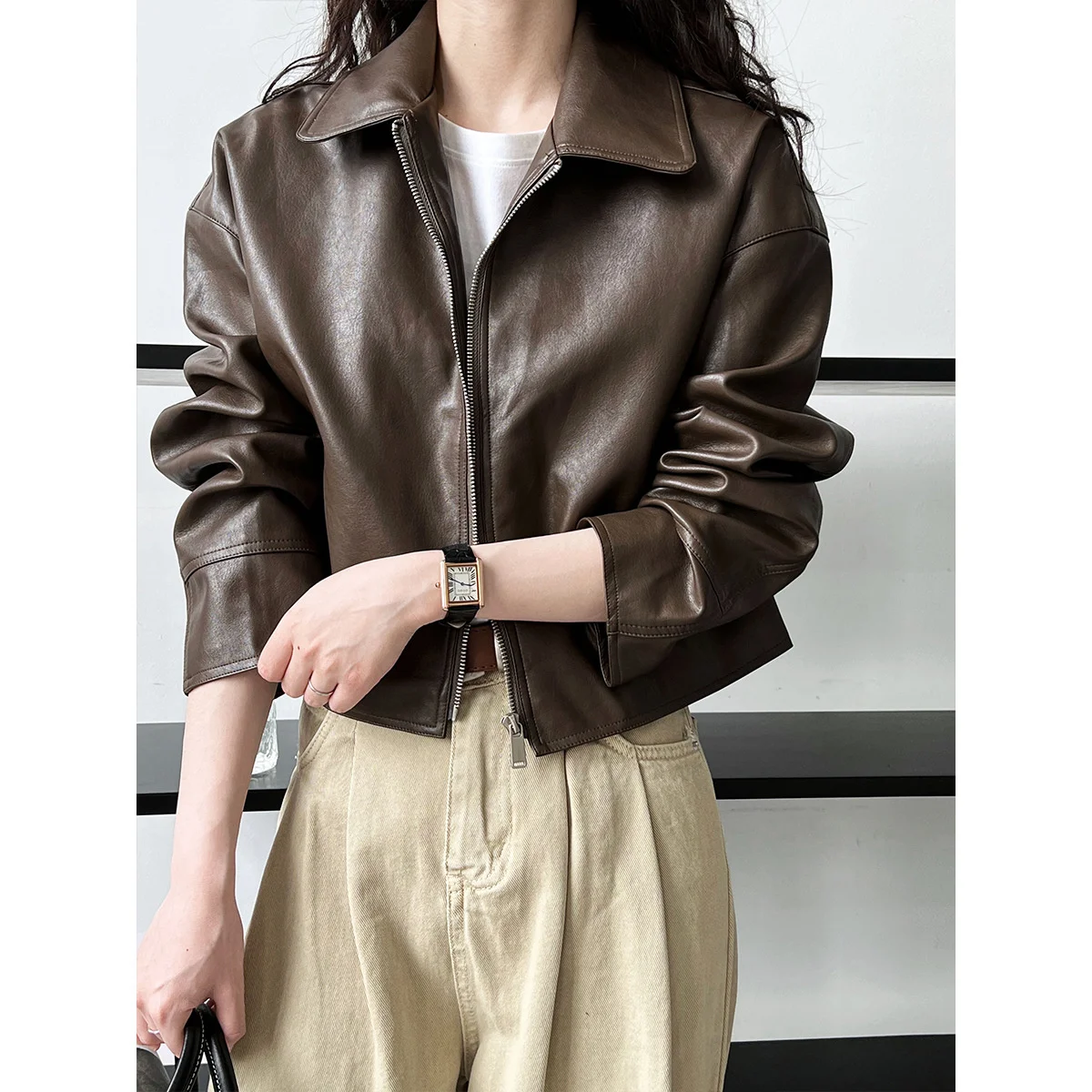 

Polo's Collar Leather Coat Women's Spring Autumn PU Leather Motorcycle Crop Jacket