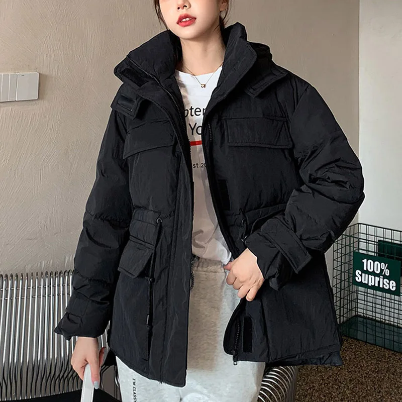 New Fashion 2022 Winter Parkas  Hooded Long Sleeve Solid Color Cotton-padded Warm Loose Jacket Women Fashion Outwear Coat