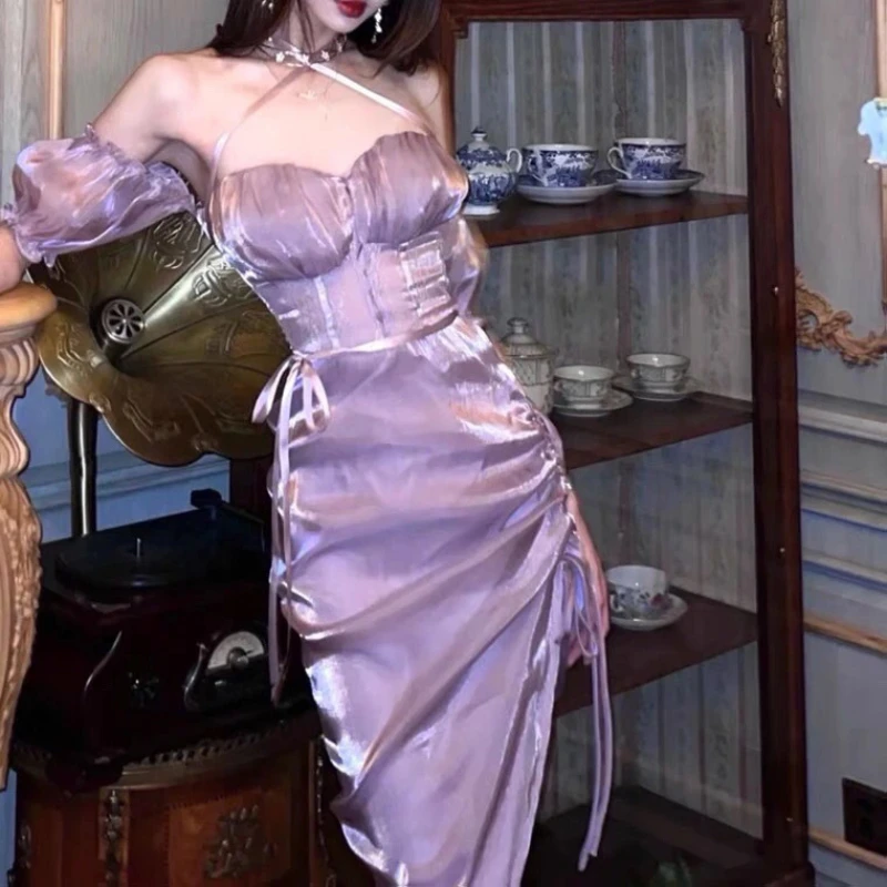 

Women's Dresses Ladies Temperament Sexy Bandages Girls Puff Sleeves Hips Off-shoulders Pure Desires Purple Holiday Dress