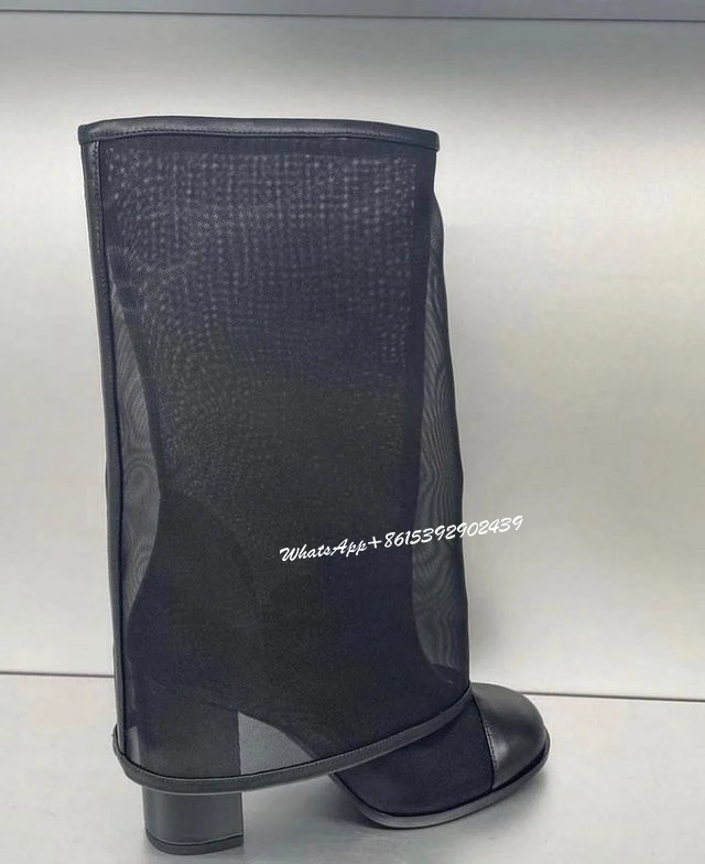 Women Hollow Mesh Flip Up Sleeve Boots Thick Heel Black Loose Knee Booties Round Mary Jane Elegant Shoes Slip On Sexy Casual