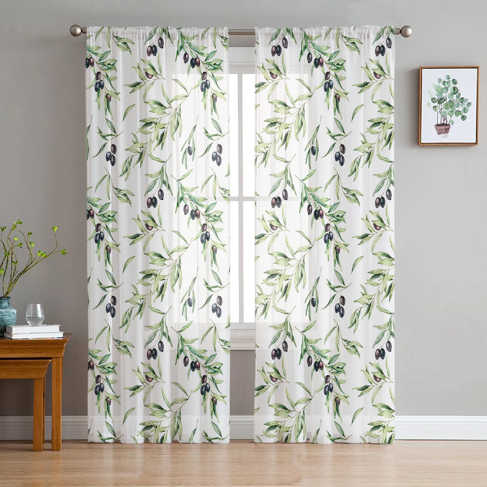 

Watercolor Olive Leaf Texture Sheer Curtains for Living Room Bedroom Tulle Curtain for Kitchen Home Decor Window Drapes