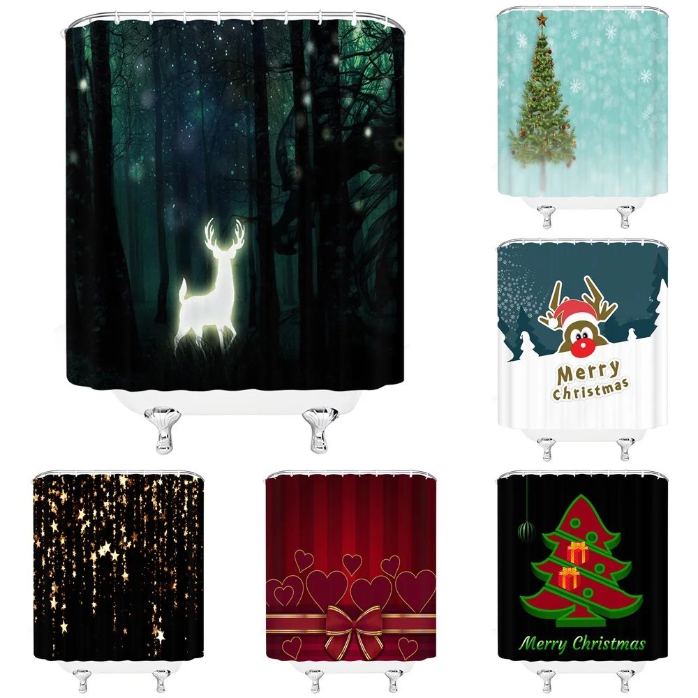 

Fantasy Elk Shower Curtain Bathroom Decor Christmas Cartoon Animal Deer Forest Funny Xmas Trees Kids Winter Bath Curtains Fabric