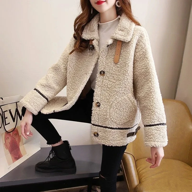 

Women 2022 Autumn Winter lambswool Coat New Female Thicken Long Sleeves Warm Jacket Loose Casual Thick Fur Plush Cardigans Outwe