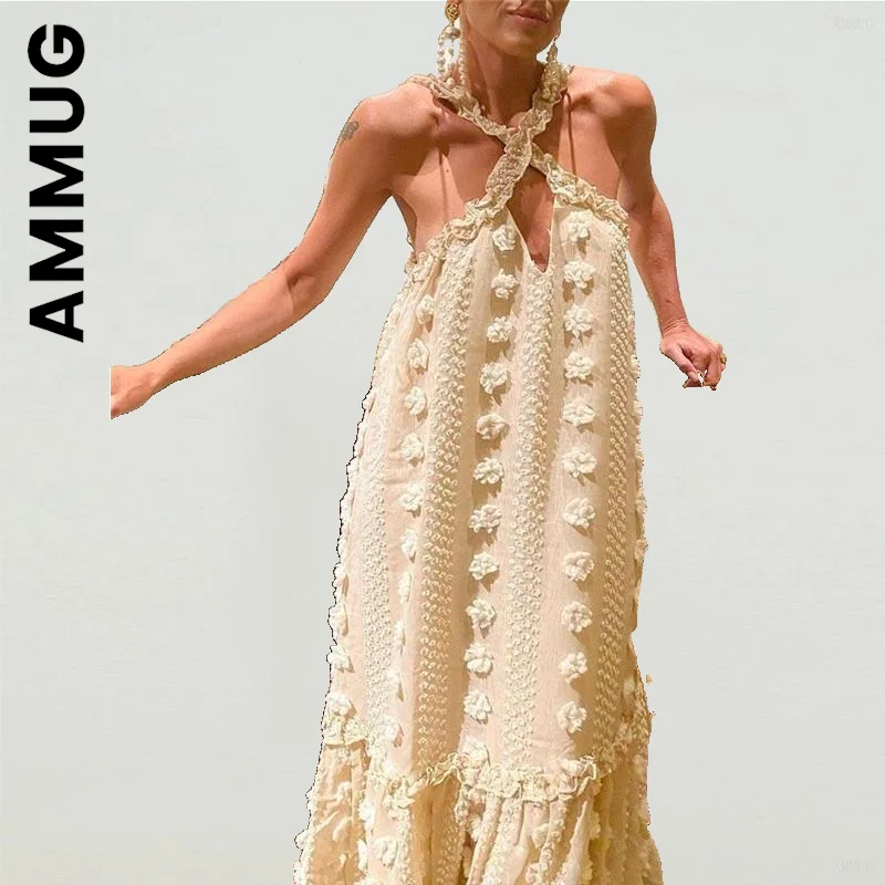 

Женское платье Ammug, новинка, летнее ажурное Макси-платье без рукавов с лямкой на шее, приталенное милое платье для девушек, популярное женско...