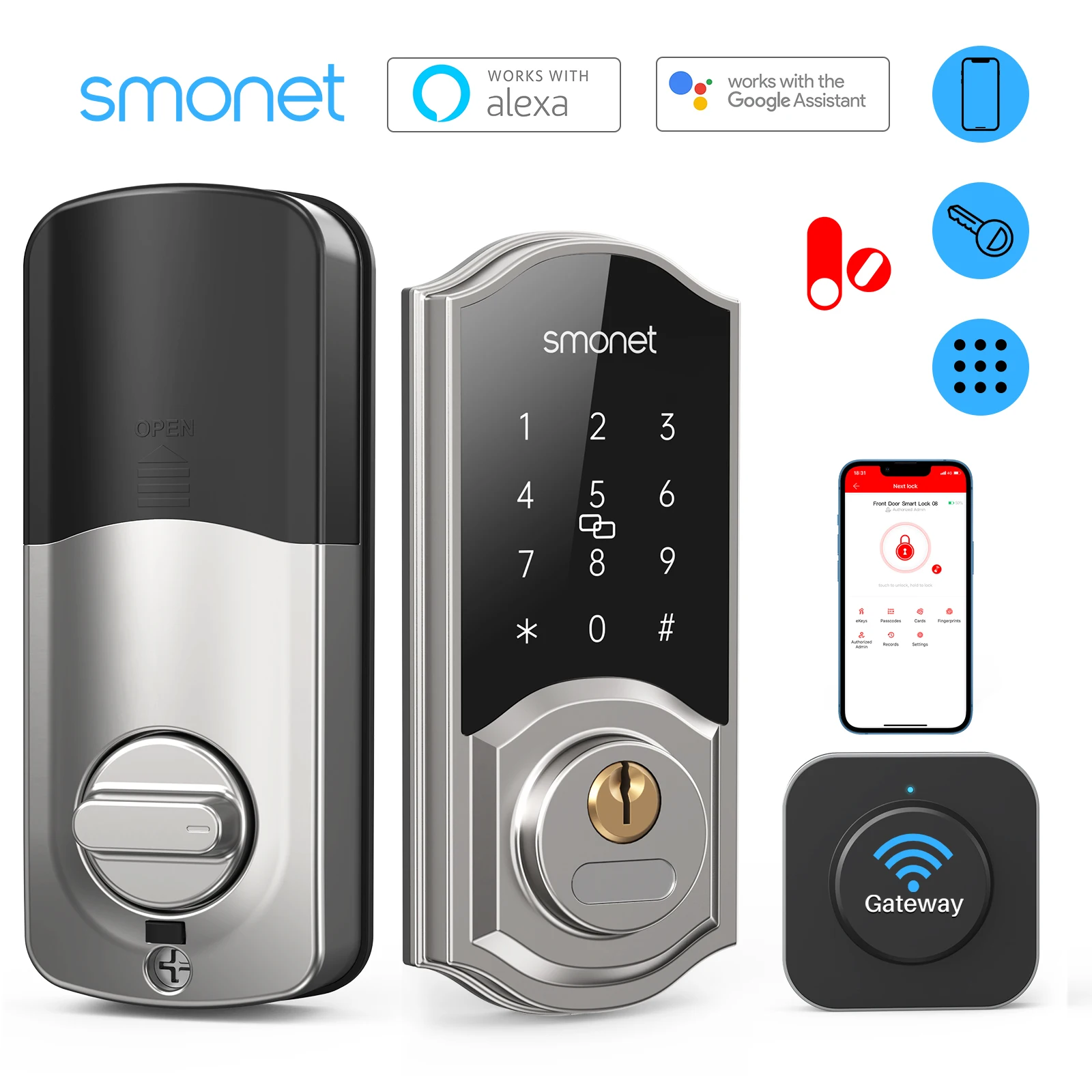

SMONET WiFi Smart Lock with Gateway Hub Digital Bluetooth Remote Control Nextlock Keypads Keyless Entry Door Deadbolt Locks