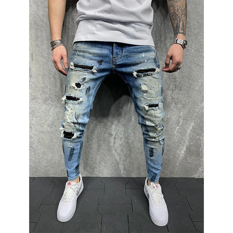 

New Mens Jeans Slim Hole New Paint Cowboy Mens Denim Pants
