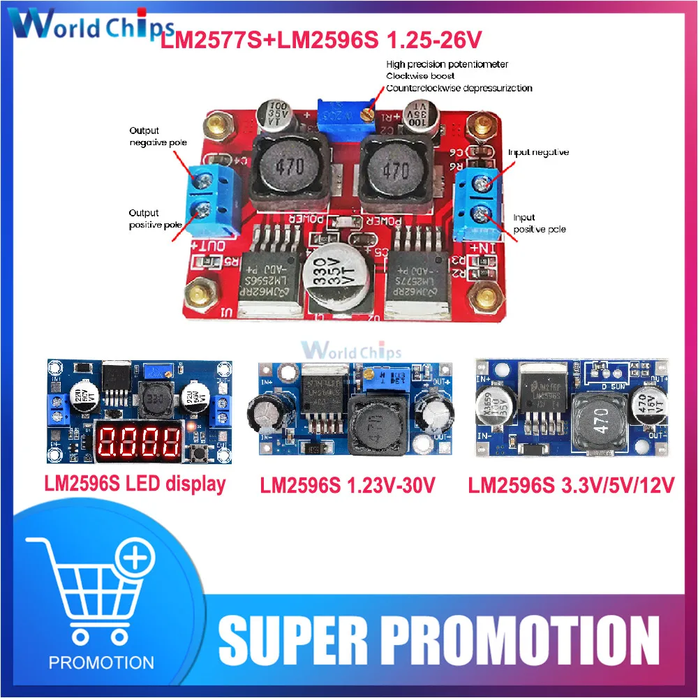 Автоматический понижающий модуль питания LM2577S LM2596S, регулируемый DC-DC усилитель, преобразователь платы постоянного тока, 5-28 В в DC1.25-26V