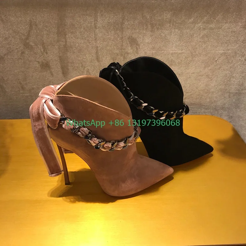 Women's Pink Suede Bow Lace Up Ankle Boots Pointed Toe Metal Stilettos 10cm Prom Banquet Elegant Boots Plus Size Footwear 33-43