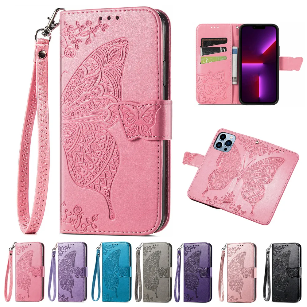 

10pcs Butterfly Imprinted Magnetic Flip Wrist Strap Leather Wallet Case for iPhone 14 13 12 Pro Max Plus Mini 11 X XS XR 8 7