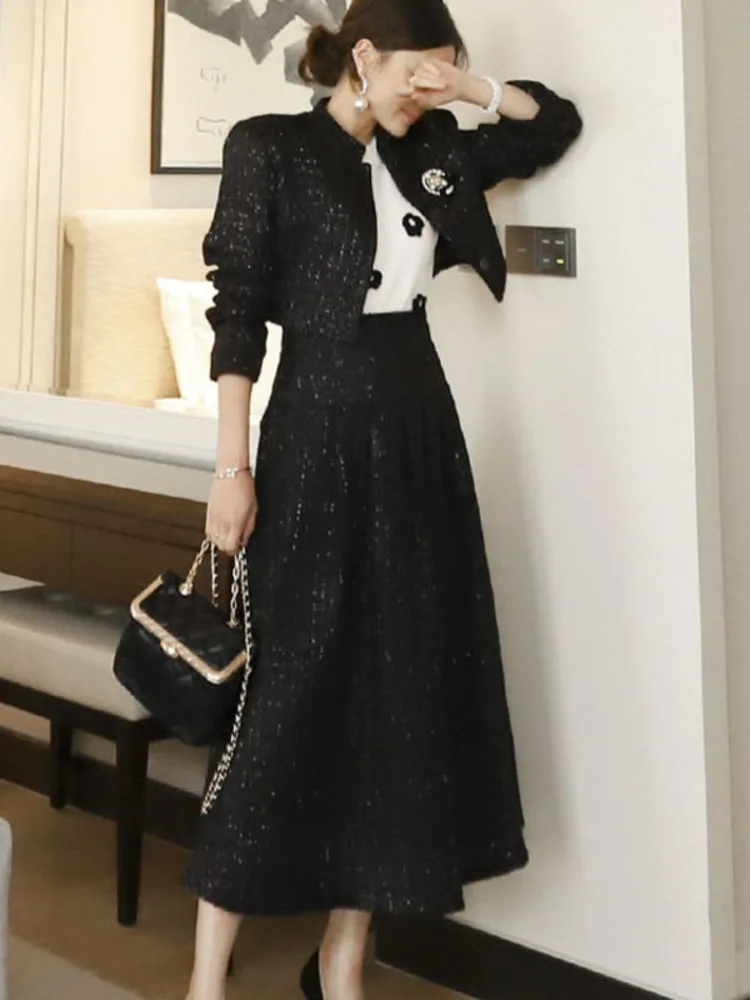 

High Quality Korean OL Tweed Two Piece Set Women Crop Top Woolen Jacket Coat + Long Skirts Sets Autumn Winter Chic 2 Piece Suits
