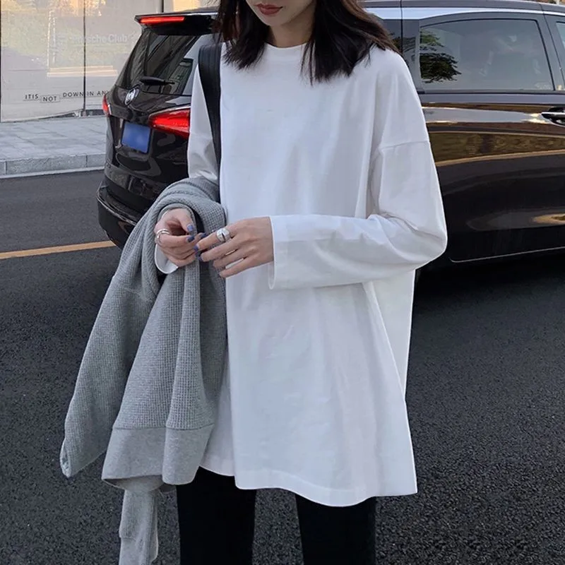 Long-sleeved Mid-length T-shirt Female Simple Student White Bottoming Shirt Loose Inner Top