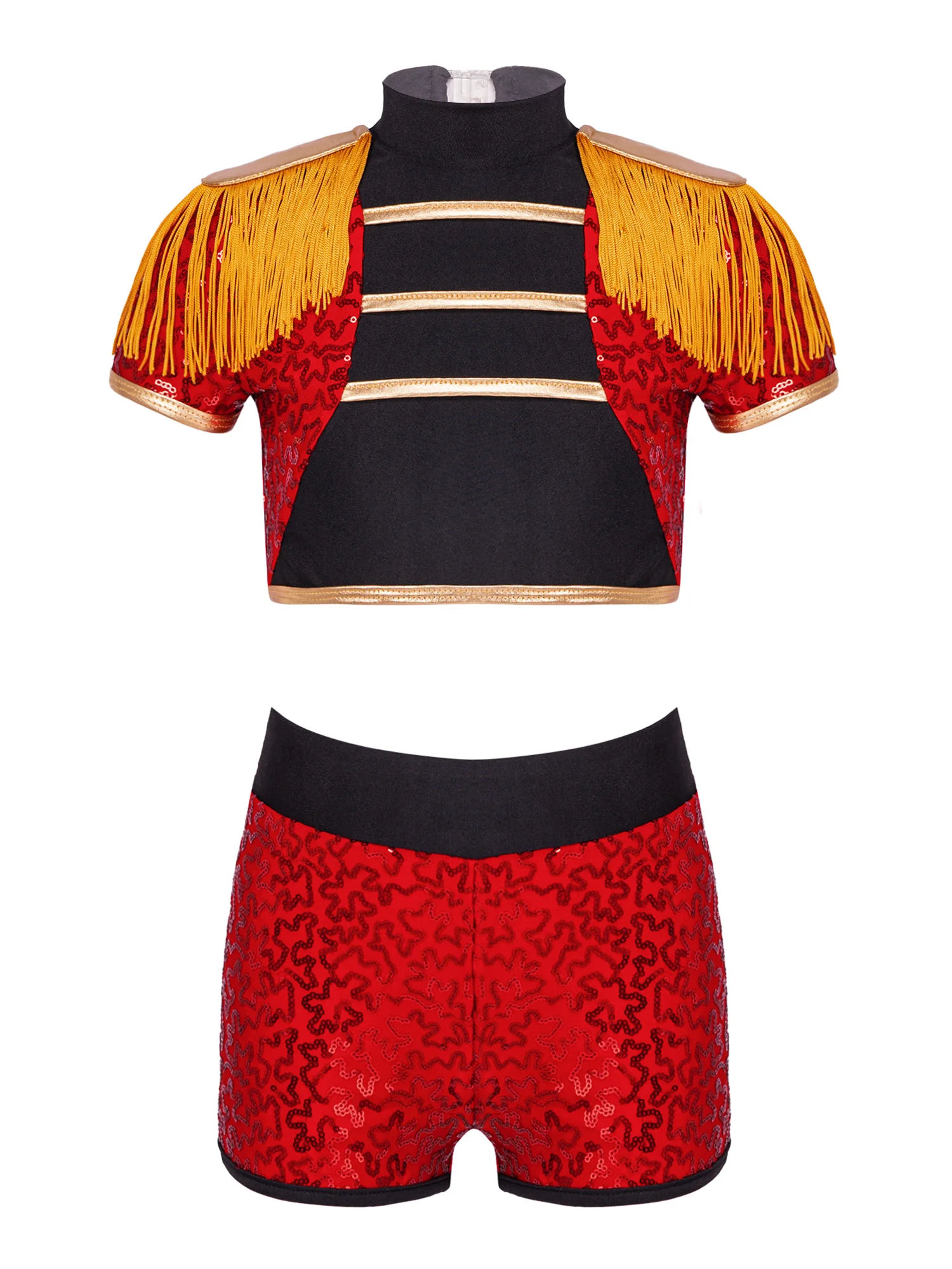 

Детский костюм с блестками для девочек, короткий топ и шорты с кисточками и ложным воротником, для цирковых танцев