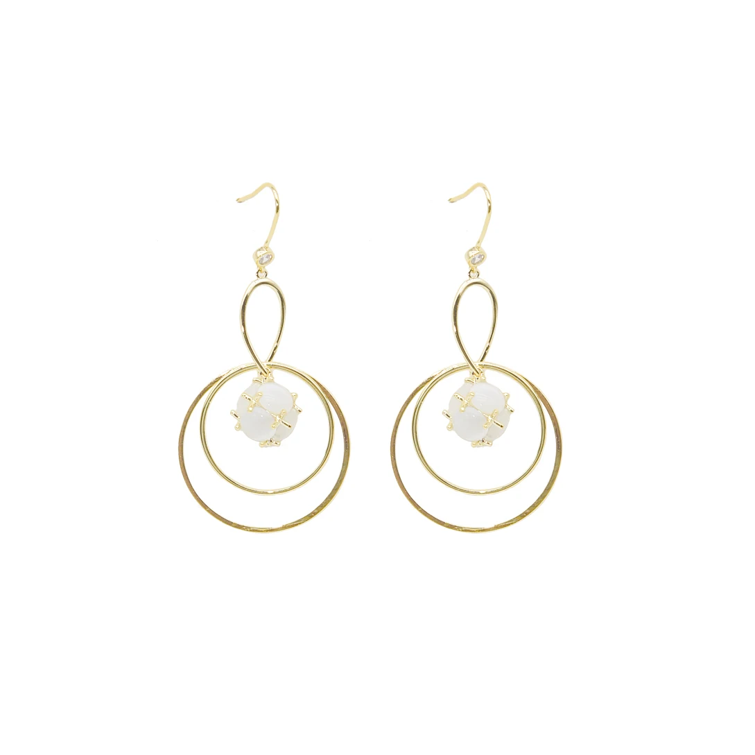 

7Rings Trendy Style Gold Plated Stainless Steel Circles Jade 925 Silver Studs Earrings for Women Fashion Jewelry for Female