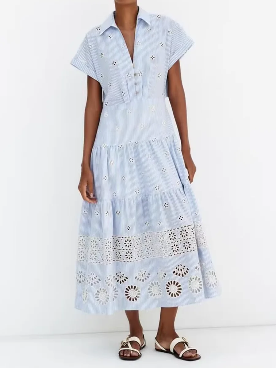 

Женское платье миди с цветочной вышивкой, голубое длинное платье-трапеция с отложным воротником и коротким рукавом, повседневные Элегантные платья, летняя одежда