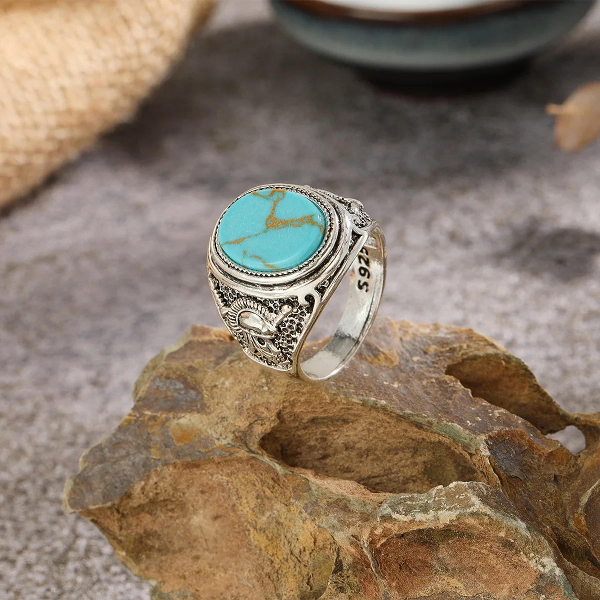 

New Fashion Trendy Square Turquoise Stone Men Ring Vintage Metal Seal Rings Punk Hiphop Male Finger Jewelry
