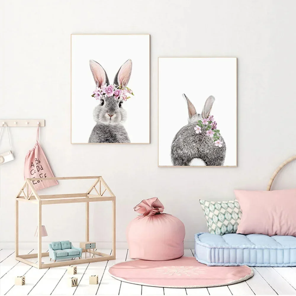Розовый Цветочный Кролик Искусство Современные Милые Животные Краски Без Рамы