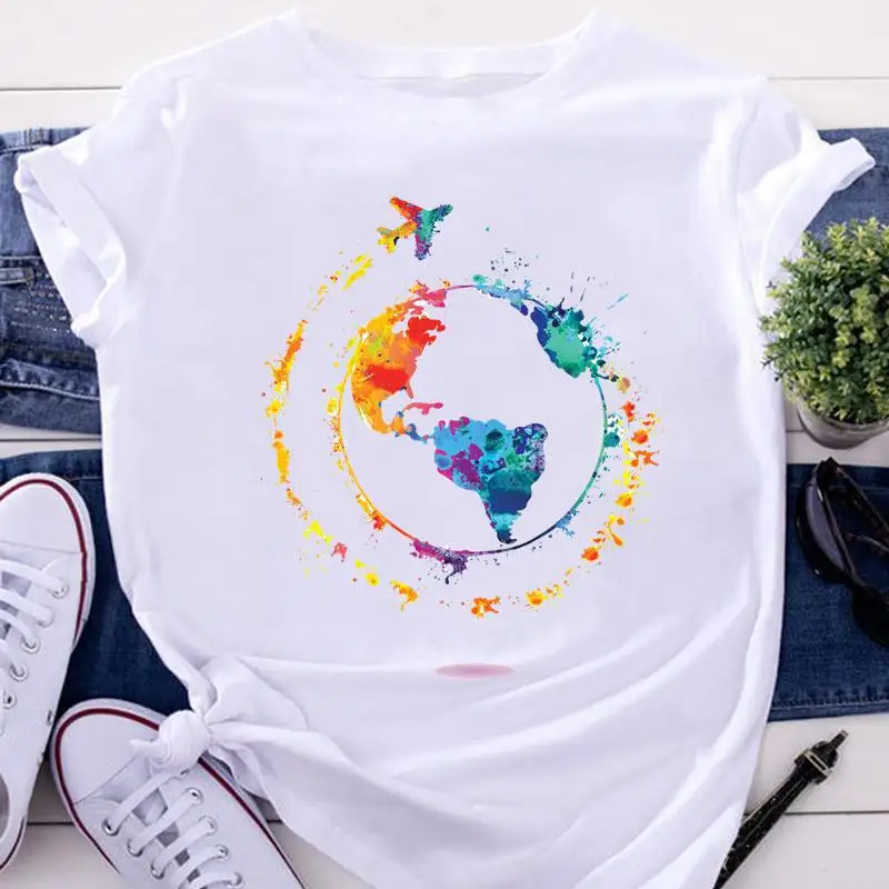 

Tees Ladies Watercolor Vacation Travel Short Sleeve Cartoon Summer Fashion Female Clothes Tshirts Tops Women Graphic T-Shirt