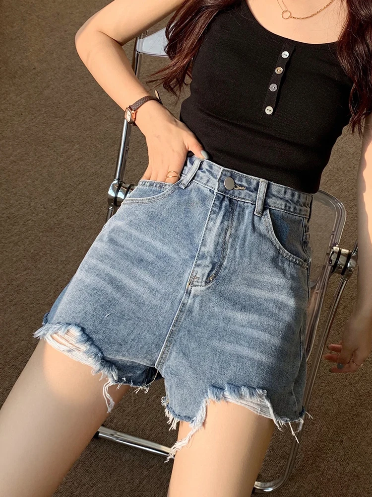 Streetwear Women High Waist Loose Hole Frayed Denim Shorts Spring Summer Female Wide Leg Jeans Shorts Bottoms