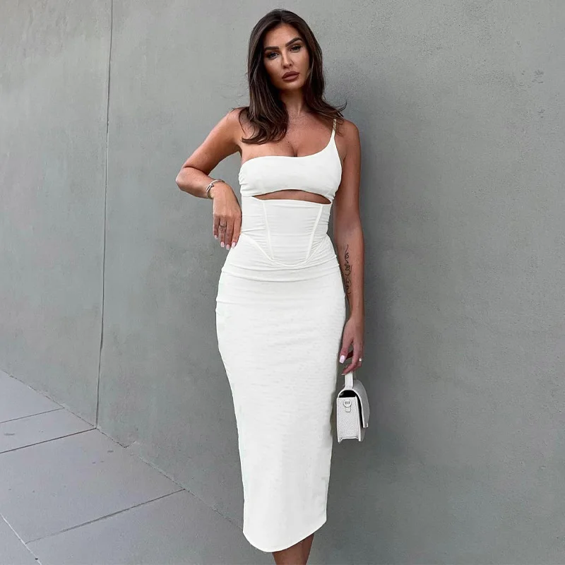 

Y2k Dress Women's Solid Color One Shoulder Sexy Strapless Mid Length Skirt Slim Dress 2022 Summer New