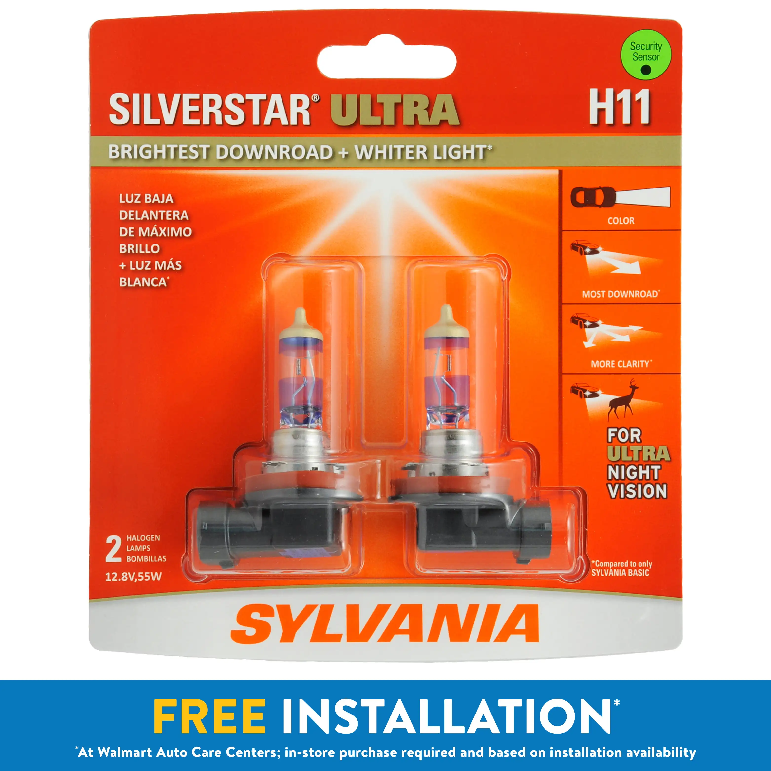 

H11 SilverStar Ultra Halogen Headlight Bulb, Pack of 2.