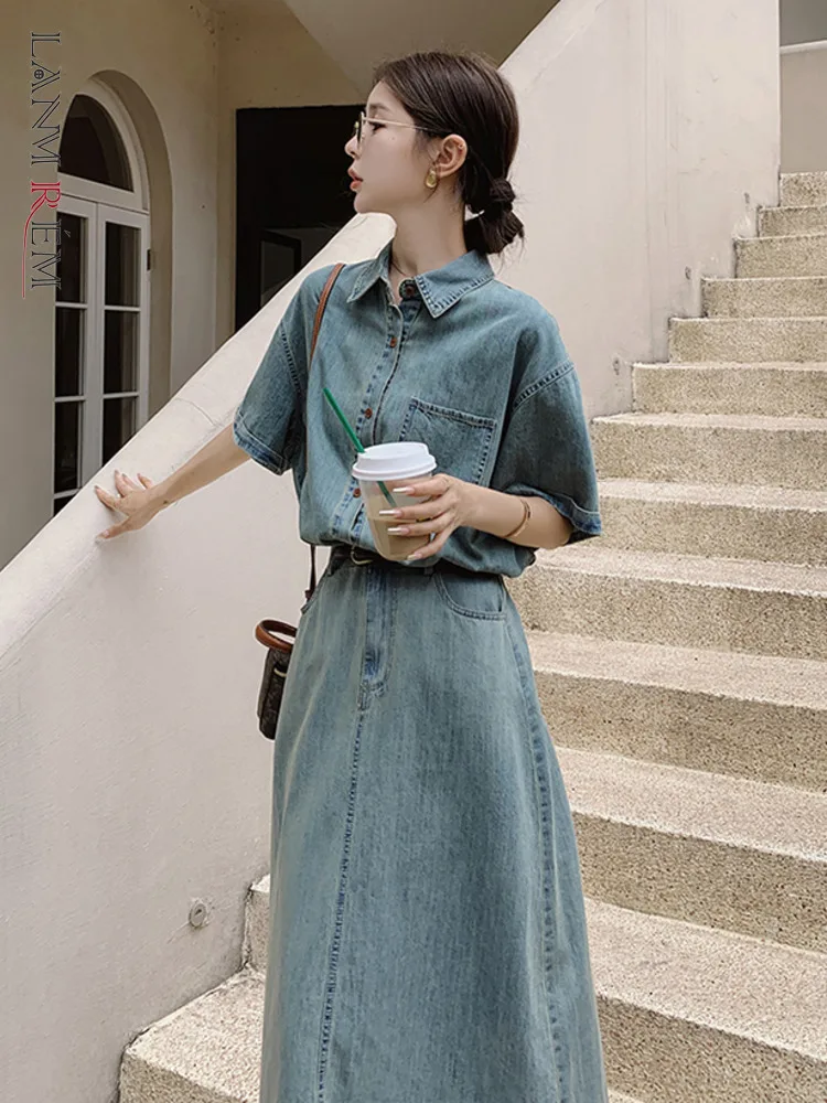 

LANMREM Denim 2 Piece Set For Women Lapel Single Breasted Short Sleeves Tops High Waist Casual Skirts Fashion 2023 New 2XZ163