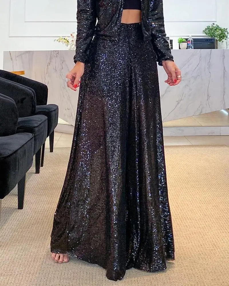 

High Waist Sequin Wide Leg Flared Pants Chic Fashion Summer Form-fitting New Style Glamorous Long Regular Broad Foot