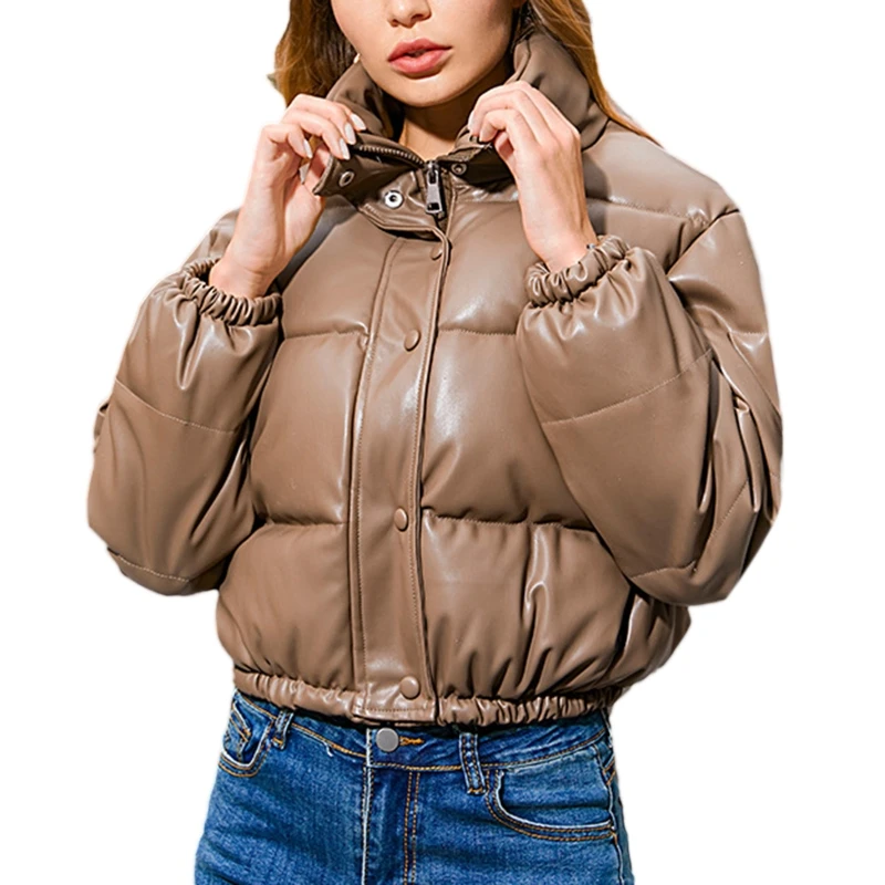 Women Winter Long Sleeve Short Puffer Jacket Zip Up Button Down Cropped Quilted Parkas Coat PU Imitation Leather Warm Bread with