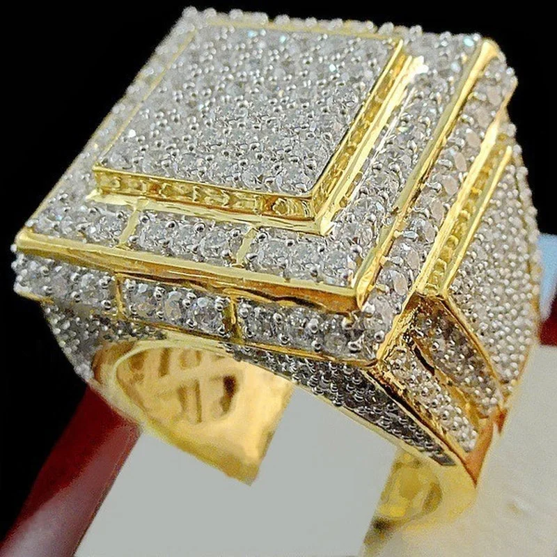 Hot selling New 24K Gold Plated full diamond group inlaid men's ring, European and American domineering men's ring hand jewelry