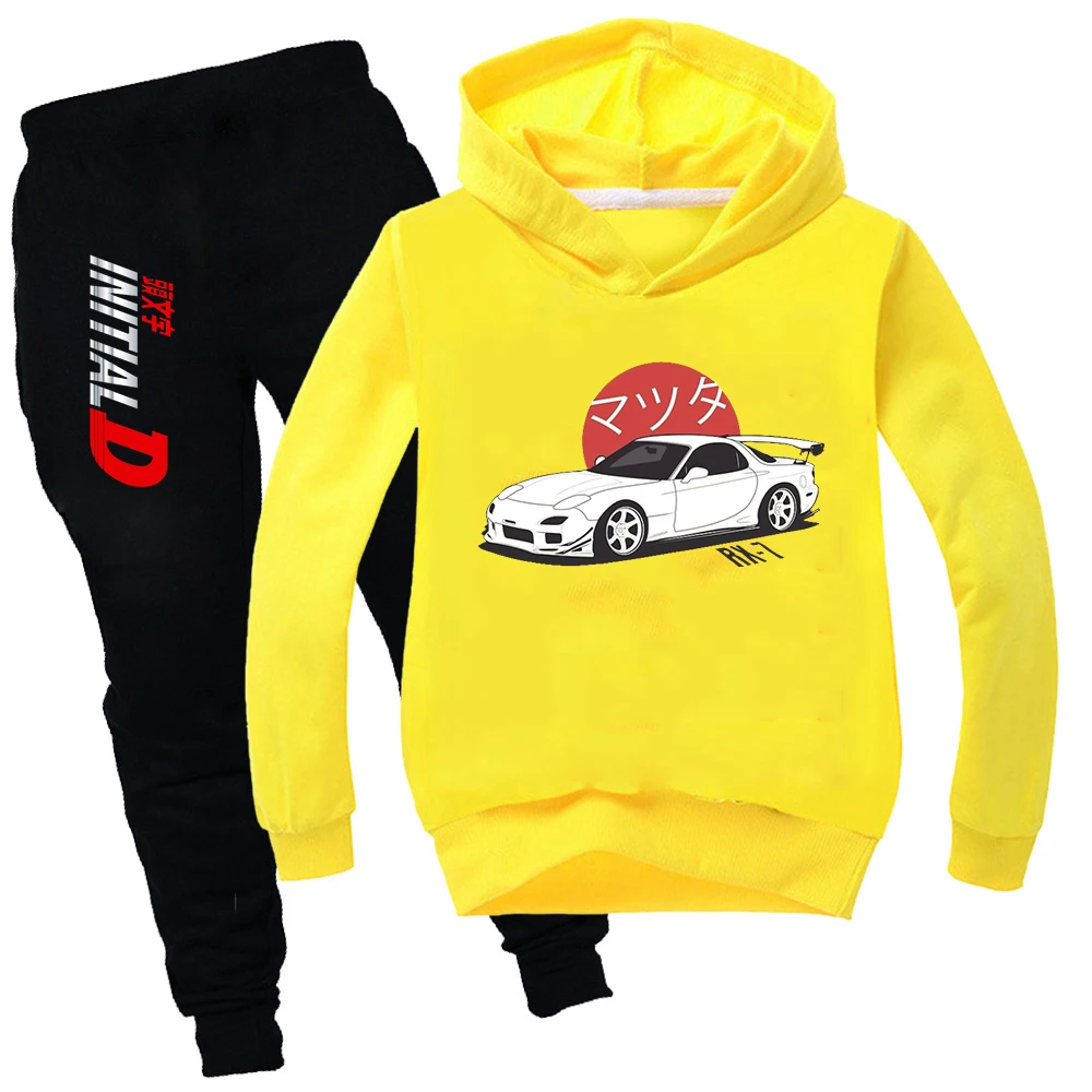 Initial D Hoodie Kids Japanese Anime Autumn Spring Sweatshirt Girls/Boys Graphic Clothing Set Long Sleeve Suit Casual Tops 2-15Y
