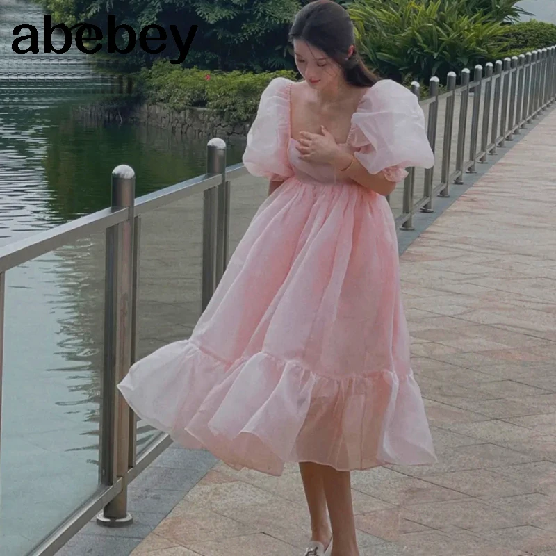 

Summer New Design Pink Color Puff Short Sleeve Princess Midi Long A Line Party Dresses Elegant Sun Vacation Elbise Chic
